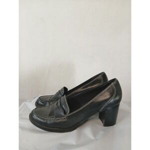 Bass Vintage 90s Black Leather Penny Loafer Block Heel Pumps Contrast Stitch‎ 9M